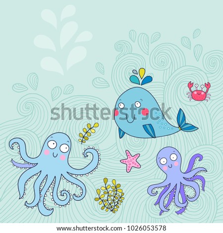 Lovely vector illustration of under water worls of sea creatures: whale, octopus, crab, starfish. Perfect for children.