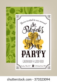 Lovely vector invitation card on Saint Patrick's Day Annual Celebration including background pattern. St. Patrick's Day Party flyer or invite. Cool lettering, vintage feel