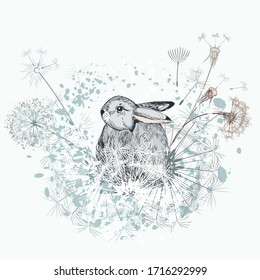 Lovely vector little rabbit with dandelions