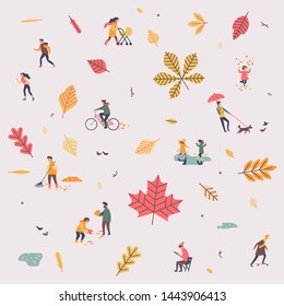 Lovely vector minimalist pattern on fall or autumn season with falling leaves and abstract people enjoy their time outdoors