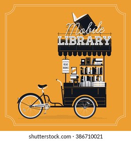 Lovely vector Mobile Library bicycle cart vintage background. Portable book bike trailer cart on wheels with stacked books, awning and sign. Book market or fair decorative item