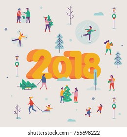 Lovely vector New Year 2018 greeting card, poster or banner template with crowd of people doing winter holiday season outdoors activities, making snowman, carrying Xmas tree, riding sleds, ice-skating