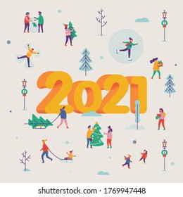 Lovely vector New Year 2021 greeting card, poster or banner template with crowd of people doing winter holiday season outdoors activities, making snowman, carrying Xmas tree, riding sleds, etc.