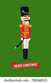 Lovely vector nutcracker character in flat design. Christmas holidays special character nutcracker toy soldier in red hussar jacket and shako hat