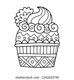 Lovely vector outline illustration of a cute cupcake. Perfect for the coloring book or page for kids or adults.