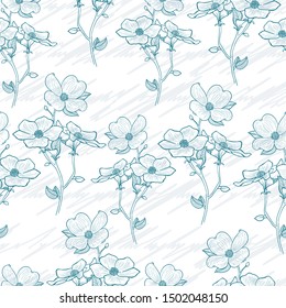 Lovely vector pastel blue flower bunch with scribble texture seamless pattern background