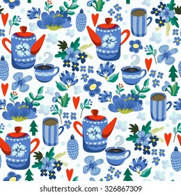 Lovely vector pattern in blue colors "Tea time".