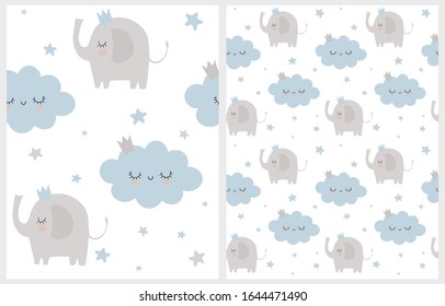 Lovely Vector Pattern with Cute Baby Elephant, Clouds and Stars. Simple Hand Drawn Infantile Style Vector Print for Fabric, Card. Sweet Nursery Vector Print with Cloud and Elephant Wearing a Crown.