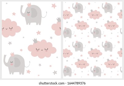 Lovely Vector Pattern with Cute Baby Elephant, Clouds and Stars. Simple Hand Drawn Infantile Style Vector Print for Fabric, Card. Sweet Nursery Vector Print with Cloud and Elephant Wearing a Crown.