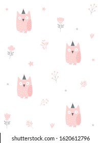 Lovely Vector Pattern with Cute Pink Owls Among Flowers Isolated on a White Background. Funny Owls Wearing Party Hat with Pink Pompon. Nursery Art for Card, Invitation, Pattern, Fabric, Textile.