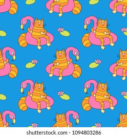 Lovely vector pattern with funny cat on the inflatable swim ring in the form of flamingo.