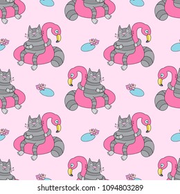 Lovely vector pattern with funny cat on the inflatable swim ring in the form of flamingo.