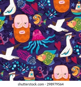 Lovely vector pattern of sea creatures and fisherman. Fisherman's dream.