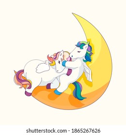 Lovely vector Pegasus are in love on white isolated background, isolated Pegasus in Cartoon style, Love between flying horses on the Moon, vector stock illustration for prints, stickers and icons.