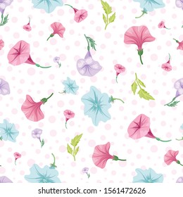 Lovely vector petunia flowers with leaf repeat pattern background on white surface with polka dots