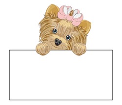 Lovely Vector Puppy, Dog With A Bow Dog Frame. Picture In Hand Drawing Cartoon Style, For T-shirt Wear Fashion Print Design, Greeting Card, Postcard. Party Invitation.