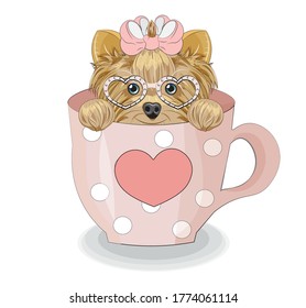 Lovely vector puppy, dog with bow in glasses, in cup. Picture in hand drawing cartoon style, for t-shirt wear fashion print design, greeting card, postcard. party invitation.