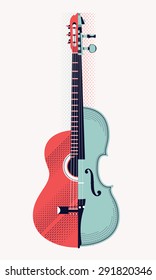 Lovely vector retro collage style decorative composition of string musical instruments classical acoustic guitar and violin. Ideal for music themed graphic and web design