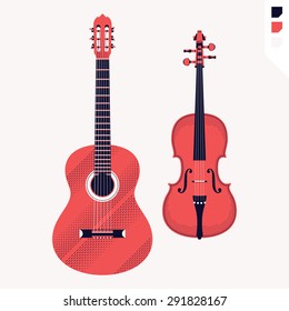 Lovely vector retro style decorative string musical instruments classical acoustic guitar and violin. Ideal for music themed graphic and web design