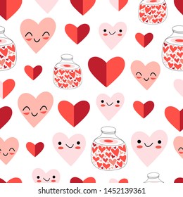 Lovely vector seamless festive pattern of funny hearts on a white background. Pattern for the design of wallpaper, fabric or packaging.