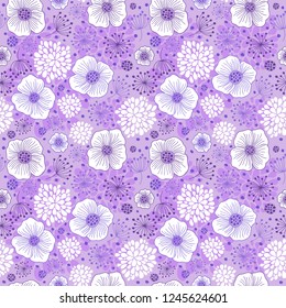 Lovely vector seamless pattern with abstract poppy flowers in the trendy proton purple colors. 