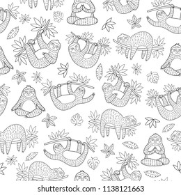 Lovely vector seamless pattern with cartoon sloth characters. Super cute and suitable for designs for kids and adults. Good for textile fabric design, wrapping paper and website wallpapers.