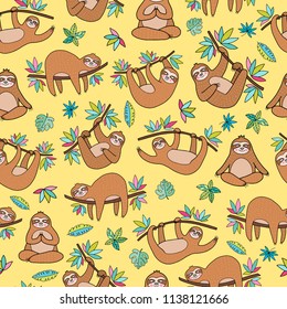 Lovely vector seamless pattern with cartoon sloth characters. Super cute and suitable for designs for kids and adults. Good for textile fabric design, wrapping paper and website wallpapers.