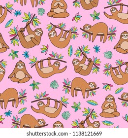 Lovely vector seamless pattern with cartoon sloth characters. Super cute and suitable for designs for kids and adults. Good for textile fabric design, wrapping paper and website wallpapers.