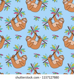 Lovely vector seamless pattern with cartoon sloth characters. Super cute and suitable for designs for kids and adults. Good for textile fabric design, wrapping paper and website wallpapers.