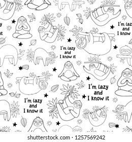 Lovely vector seamless pattern with cartoon sloth characters. Super cute and suitable for designs for kids and adults. Good for textile fabric design, wrapping paper and website wallpapers.