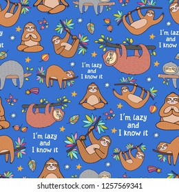 Lovely vector seamless pattern with cartoon sloth characters. Super cute and suitable for designs for kids and adults. Good for textile fabric design, wrapping paper and website wallpapers.