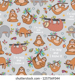 Lovely vector seamless pattern with cartoon sloth characters. Super cute and suitable for designs for kids and adults. Good for textile fabric design, wrapping paper and website wallpapers.