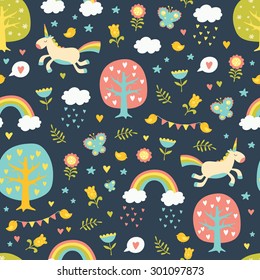 Lovely vector seamless pattern with cute unicorns, trees, hearts, birds, clouds, rainbows, butterflies and flowers in bright colors. ?an be used for wallpapers, web page backgrounds.