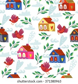Lovely vector seamless pattern of cute houses, birds, branches, wind in flat style and bright colors.
