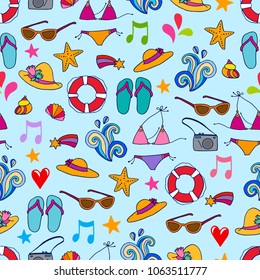 Lovely vector seamless pattern with a lot of different summer vacation items. Cute hand drawn illustration with outlines. Perfect for fabric, textiles, clothes, paper and stationery.