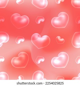 Lovely vector seamless pattern with transparent airy hearts on red gradient. Light backdrop is perfect for wedding decor, bachelor party, St Valentines Day, greeting cards, gifts, wrapping paper