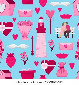 Lovely vector seamless pattern for Valentine's day. Flat cartoon illustrations.