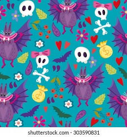 Lovely vector seamless pattern of vampire bats, funny skulls and flowers in bright colors.
