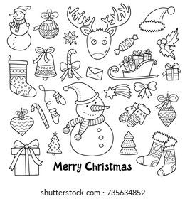 Lovely vector set of christmas and new year icons made in the black doodle outlines.