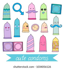 Encantador conjunto vectorial de condones bonitos con caras y emojis. 