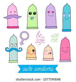 Lovely vector set of cute condoms with faces and emojis.