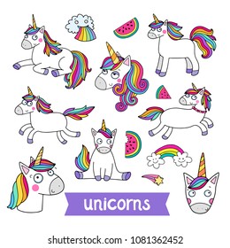 Lovely vector set of illustrations of the funny unicorn. Cute magic animal mascot. Bright rainbow colors. Perfect for products for children.