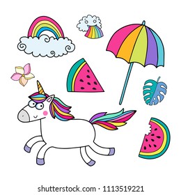 Lovely vector set of illustrations of the funny unicorn. Cute magic animal mascot. Bright rainbow colors. Perfect for products for children.