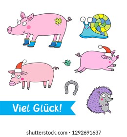 Lovely vector set with luck symbols for Silvester - Glücksschwein and clover.
"Viel Glück" means "much luck". 