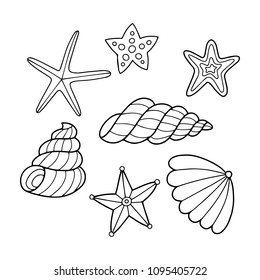 Encantador conjunto vectorial de conchas marinas e ilustraciones del contorno de las estrellas. Perfecto para colorear una página o un libro para niños o adultos.