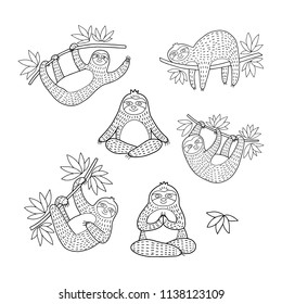 Lovely vector set sloth illustration. Collection of cartoon characters. Coloring page outlines.