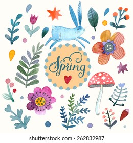Lovely vector set with sweet rabbit, flowers, leafs and mushroom in awesome colors. Stunning spring theme card made in watercolor technique. Bright concept card with text in vector