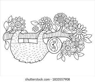 Lovely vector sloth illustration. Coloring page drawing with outlines.