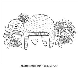 Lovely vector sloth illustration. Coloring page drawing with outlines.