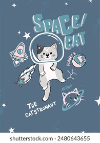 A lovely vector space artwork of a cat in space, surrounded by planets and rockets. Children of all genders can enjoy this drawing.